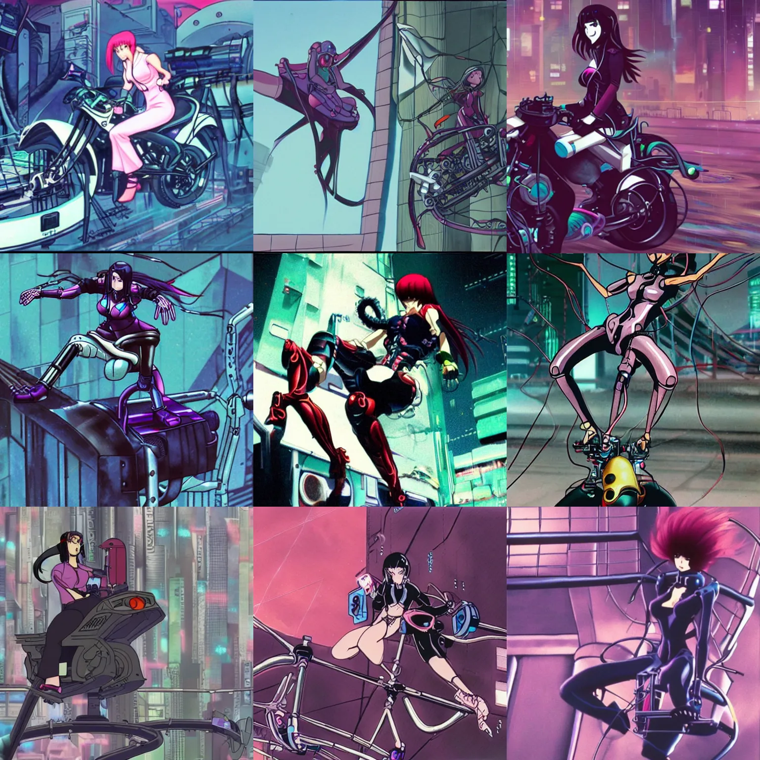 Prompt: A woman riding a mechanical spider, cyberpunk, 90s OVA still