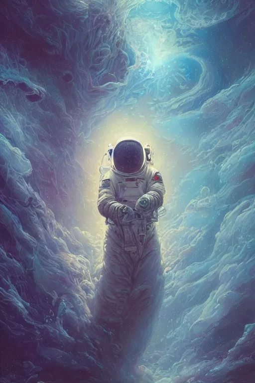 Prompt: an astronaut portrait fading into the aether, water elemental, james gurney, peter mohrbacher, mike mignola, black paper, mandelbulb fractal, trending on artstation, exquisite detail perfect, hyper detailed, intricate ink illustration, black background