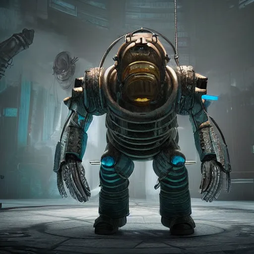Prompt: 3 d render of a bioshock big daddy wearing the deadspace engineering suit, unreal engine 5, isaac clarke themed, high detail 3 d render,