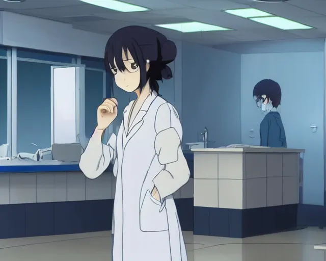 Image similar to a cute young female doctor wearing white coat are talking to a little body in a hospital, slice of life anime, anime scenery by Makoto shinkai