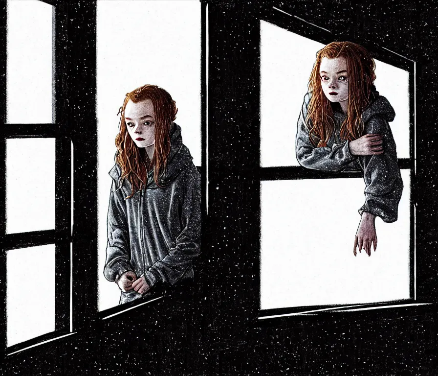 Image similar to sadie sink in hoodie sits on windowsill, knees tucked in | rain falls at night : storyboard, scifi cyberpunk. by gabriel hardman, chris bonura, joe alves. cinematic atmosphere, detailed and intricate, perfect anatomy