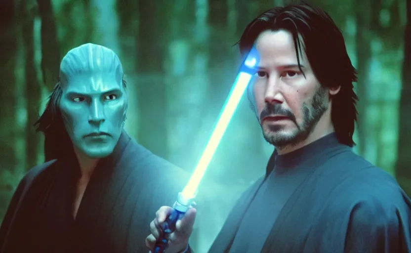 Image similar to keanu reeves as a jedi master with a blue lightsaber fighting a sith lord in an ancient bioluminescent forest, perfect symmetrical face, full moon, moody lighting, 8 k, shallow depth of field, intricate detail,