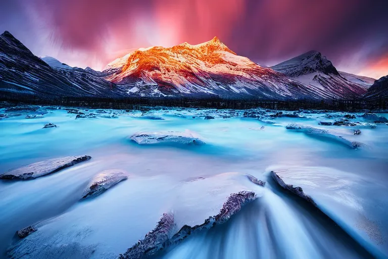 Image similar to beautiful landscape photography by marc adamus, mountains, northern lights