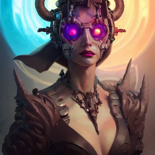 Image similar to a portrait of a beautiful demonic cybernetic grand duchess of hell, cyberpunk concept art by pete mohrbacher and wlop and artgerm and josan gonzales, digital art, highly detailed, intricate, sci-fi, sharp focus, Trending on Artstation HQ, deviantart, unreal engine 5, 4K UHD image