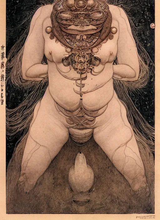 Prompt: hyper realistic traditional japanese illustration of ats tribalfusion bellydaner, fully dressed, in the style of austin osman spare, wayne barlowe, gustav moreau, goward, gaston bussiere and roberto ferri, santiago caruso, bouguereau, klimt, saturno butto, sorayama. occult art, alchemical diagram