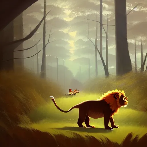 Image similar to goro fujita ilustration a lion tiger walking in the forest, painting by goro fujita, sharp focus, highly detailed, artstation