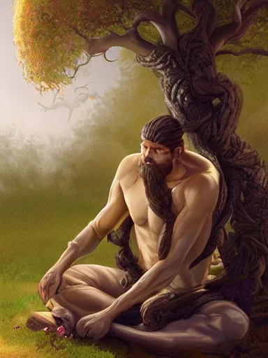 Prompt: a grumphy man, legs crossed, arms crossed. under a bodhi tree. intricate, elegant, highly detailed, digital painting, artstation, concept art, sharp focus, illustration, by justin gerard and artgerm, 8 k