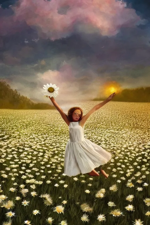 Image similar to giant white daisy flower head, girl jumping in a flower field, surreal photography, sunrise, dramatic light, impressionist painting, colorful clouds, digital painting, artstation, simon stalenhag