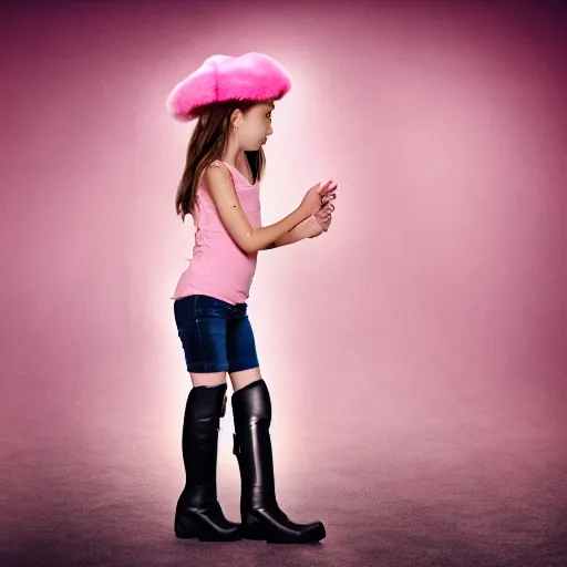 Image similar to young girl with rider boots, next to her is a pink pony, photo taken by nikon, sharp focus, highly detailed, studio lightning, 4 k