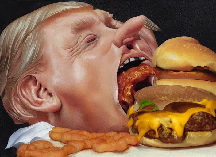 Image similar to realistic painting by jenny saville of!! donald trump!! licking a! cheeseburger!, art by jenny saville and tom bagshaw, detailed, sharp, smooth,! hamburger!