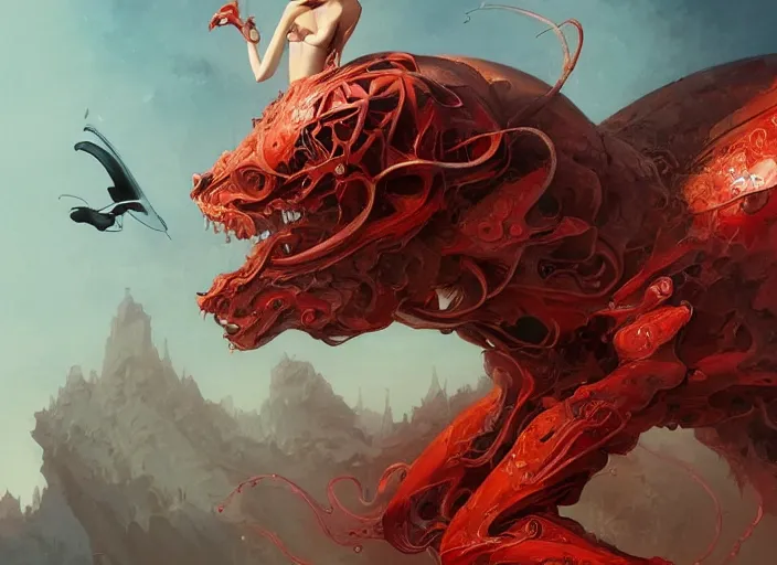 Prompt: woman loves sit upon a scarlet coloured beast, pain, light effect, hyper detailed, intricate, elegant, highly detailed, digital painting, artstation, concept art, matte, sharp focus, illustration, by peter mohrbacher, hajime sorayama, wayne barlowe, boris vallejo, aaron horkey, gaston bussiere, craig mullins