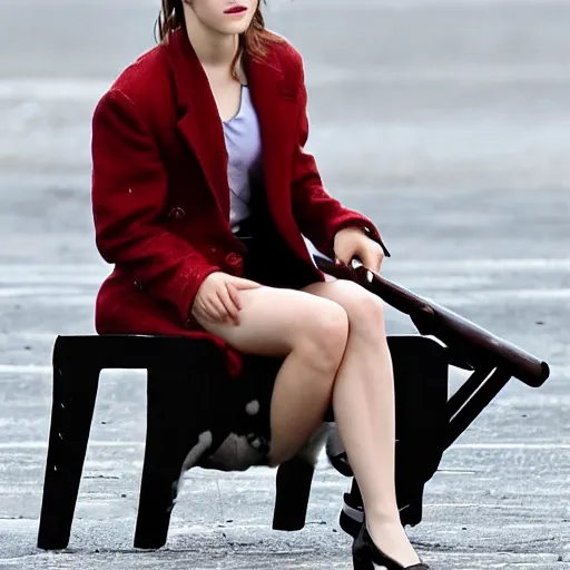 Image similar to Emma Watson sitting on a magic broomstick flying in the clouds, full body shot