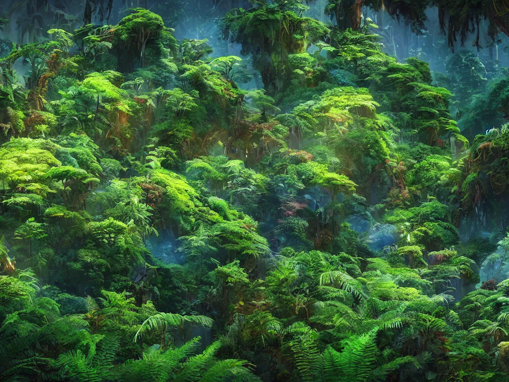 Prompt: a beautiful otherworldly fantasy landscape of dense lush ferns and evergreen trees in hyper detail like the pacific northwest, vivid glowing colors, extreme detail, studio ghibli and pixar and abzu, rendering, cryengine, deep colors, aerial perspective, epic scale, vray render, cgsociety