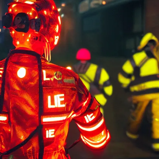 Image similar to love, diverse fire cybersuits, from behind, connection rituals, wide wide angle, vivid, elaborate, highly detailed, beautiful lighting