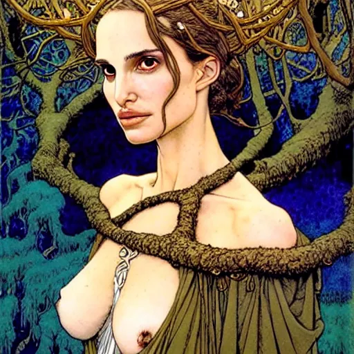 Prompt: a realistic and very beautiful and atmospheric portrait of a young natalie portman as a druidic wizard looking at the camera with an intelligent but seductive gaze by rebecca guay, michael kaluta, charles vess and jean moebius giraud