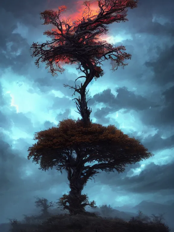 Image similar to photo of 8k ultra realistic lone dead tree on hill surrounded by swirling clouds and lighting, dark, menacing, full of colour, cinematic lighting, battered, trending on artstation, 4k, hyperrealistic, focused, extreme details,unreal engine 5, cinematic, masterpiece, art by Peter Mohrbacher