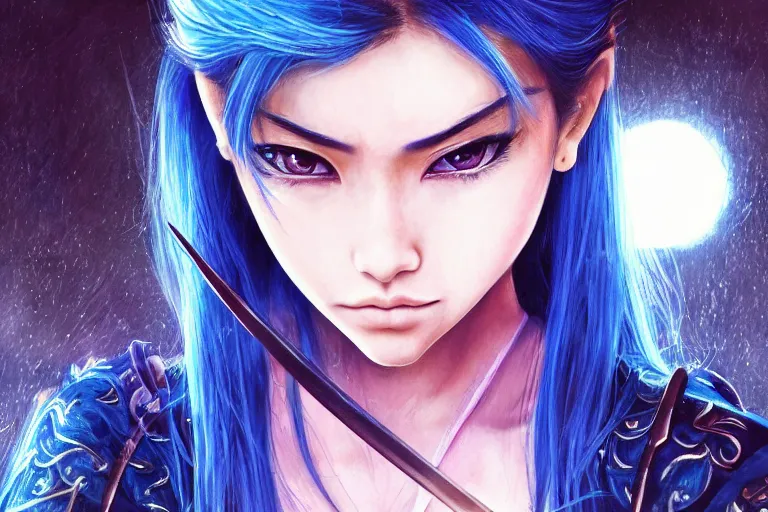 Prompt: highly detailed beautiful photo of madison beer as a young female samurai, practising her sword staces, symmetrical face, beautiful eyes, cobalt blue hair, realistic anime art style, 8 k, award winning photo, pastels colours, action photography, 1 / 1 2 5 shutter speed, sunrise lighting