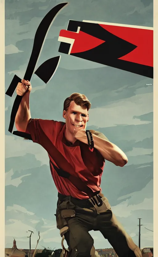 Prompt: propaganda poster jerma holding an axe, 8 k, trending on artstation