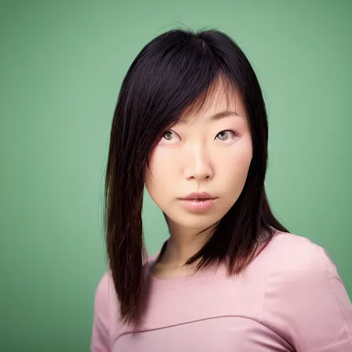 Prompt: front view mug shot of a young beautiful atractive elegant japanese female, digital photography, soft studio lighting, chroma green background