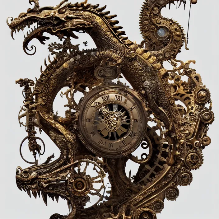 Image similar to highly detailed ancient clockwork artifact depicting a dragon made of bronze and ivory and encrusted with precious jewels, beautiful patina, ethereal, esoteric, zbrush sculpt, octane render, intricate, ornate, cinematic lighting, hyperrealistic, ancient steampunk vibe