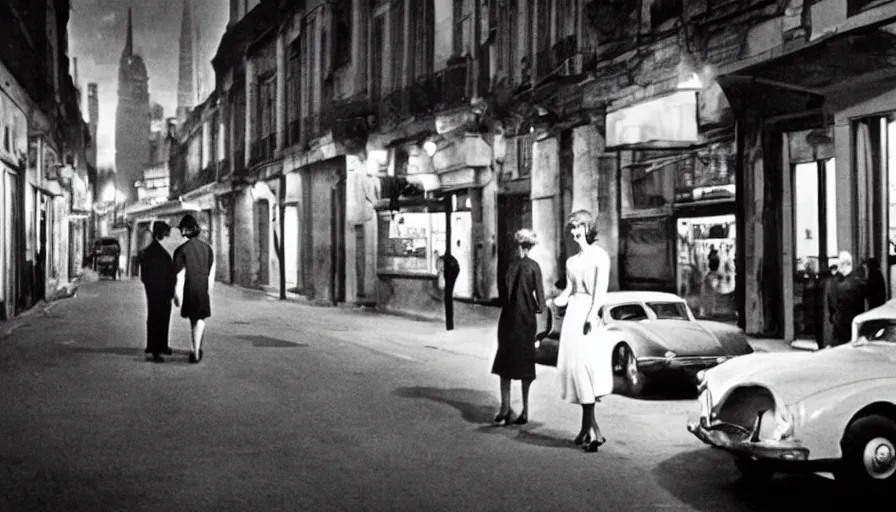 Prompt: “A still from a modern French art house movie 1960’s. City street, car, man and woman in love, Cinematic lighting, highly detailed, close-up,”