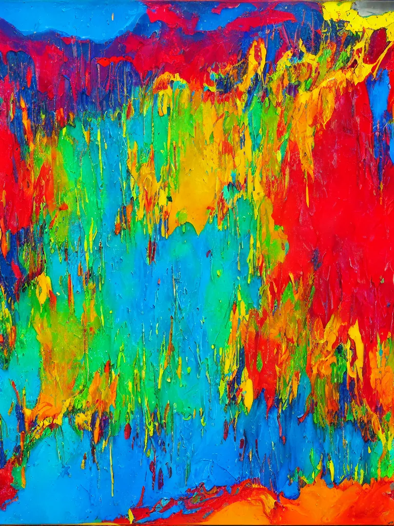 Prompt: abstract multiple layers of vibrant color paint dripping and running down a canvas, oil on canvas, detailed