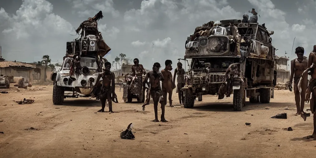 Prompt: sri lankan mad max style, city streets, film still, epic shot cinematography, rule of thirds