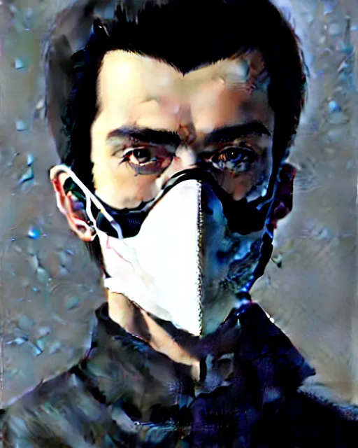 Image similar to a ultradetailed beautiful panting of a european young man wearing black medical mask and black long coat, by ilya kuvshinov, greg rutkowski and makoto shinkai, trending on artstation