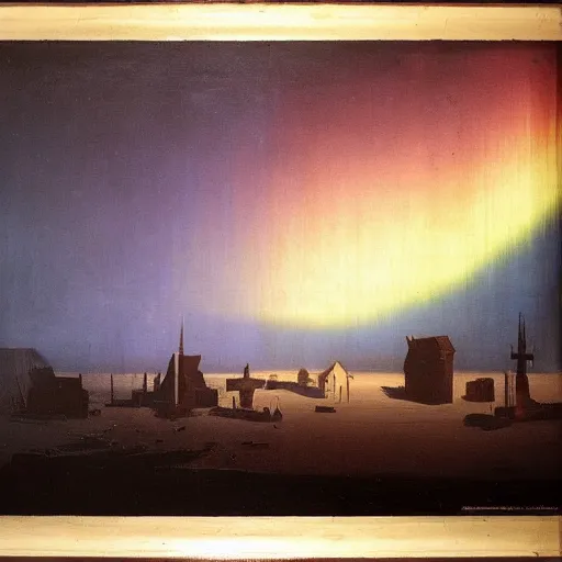 Image similar to the epic abstract painting'blue arctic void with black and red aurora borealis above a tiny inuit village ', by caspar david friedrich!!!, by rothko!!!, stunning masterpiece, trending on artstation