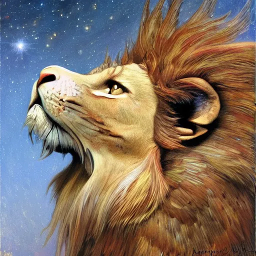 Image similar to a realistic oil painting of a winged lion's body with an eagle head, at night with a sky full of stars, highly detailed, trending on artstation, by james gurney and michael whelan and krenz cushart and alphonse mucha