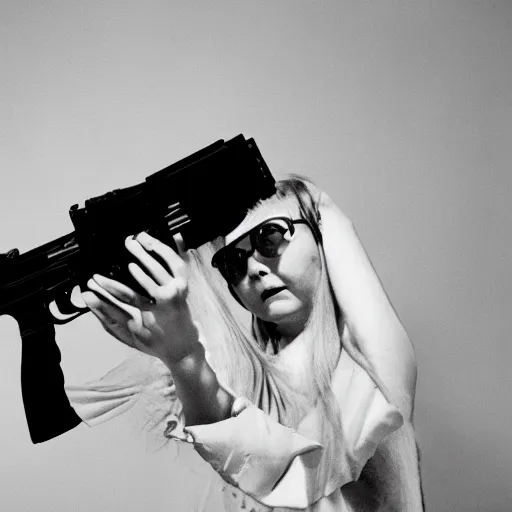 Image similar to Bjork aiming a glock at the camera, portrait, 35mm film