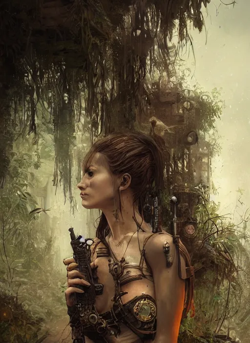 Prompt: portrait of a young very beautiful cute tribal woman with a steampunk gun, in a post apocalyptic city overgrown with lush vegetation, by Luis Royo, by Greg Rutkowski, dark, gritty, intricate, volumetric lighting, volumetric atmosphere, concept art, cover illustration, octane render, trending on artstation, 8k