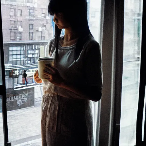 Prompt: “ a girl holding a cup of coffee looking out a window overlooking the east village in new york city, morning light, by hayao miyazaki ”