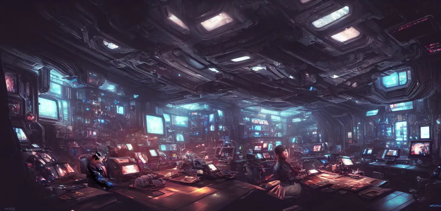 Image similar to a hyper detailed octane render concept art by xision wu, kerem beyit, sandara tang portrait of cyberpunk panel control spaceship room, dim lighting, detailed portraits, unreal engine 5, highly rendered, digital painting, hyper realistic, photo realistic, artstation, concept art, smooth, sharp focus perfect horizontal, symmetry illustration, detailed and intricate environment artstation hq