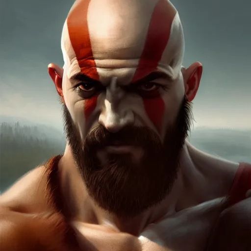 Image similar to kratos closeup portrait, dramatic light, lake background, 2 0 0 mm focal length, painted by stanley lau, painted by greg rutkowski, painted by stanley artgerm, digital art, trending on artstation