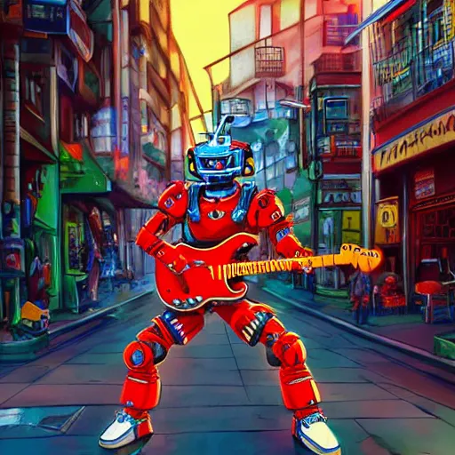 Prompt: samurai robot guitarist playing guitar standing in city street, highly detailed, vibrant colors, artgerm, anime, trending on artstation