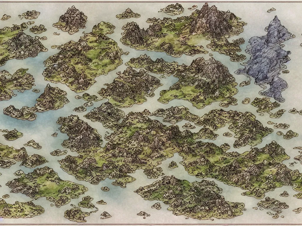 Image similar to an isometric fantasy map, the land of Odrua, uncluttered, bordered by ocean, continent with mountains lakes hills and cities, by brian froud by jrr tolkien in the dungeons and dragons and disney styles