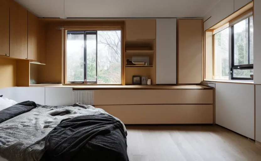 Prompt: interior of a compact bedroom in an apartment building, bed, ocher wall, cupboards, japanese design, swedish design, natural materials, minimalism, pine wood, earth colors, feng shui, white, beige, bright, windows with a view of a green park, modernist, 8 k