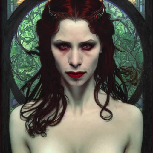 Image similar to portrait of a lady vampire, 35mm, depth of field, DOF, ominous, sharp, highly detailed, photorealistic, realistic, unreal 5, high definition, 8k, artstation, donato giancola, irwin penn, Alphonse Mucha