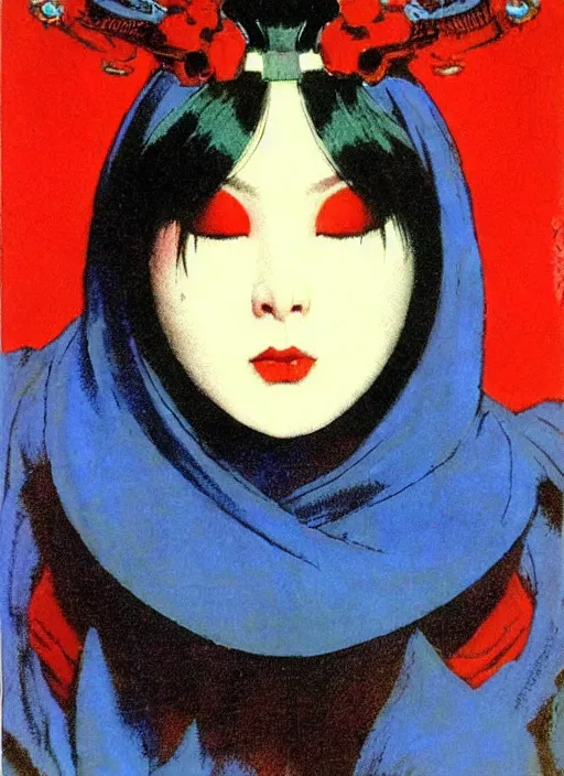 Image similar to portrait of heavyset korean vampiress, jeweled veil, blue and red, strong line, saturated color, beautiful! coherent! by frank frazetta, high contrast, minimalism