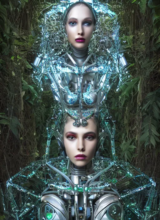 Image similar to beautiful female robot covered by plants and crystals in the mystical forest, beautiful symmetrical face, chrome parts, opal crystals, renaissance style, cyber punk, sci - fi, filigree jewellery, baroque, cinematic light, mystical shadows, 8 k, octane render