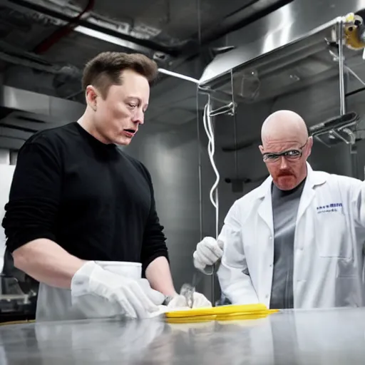 Image similar to elon musk and walter white cooking meth in a laboratory, amazing detail, detailed faces, sharp, 8k