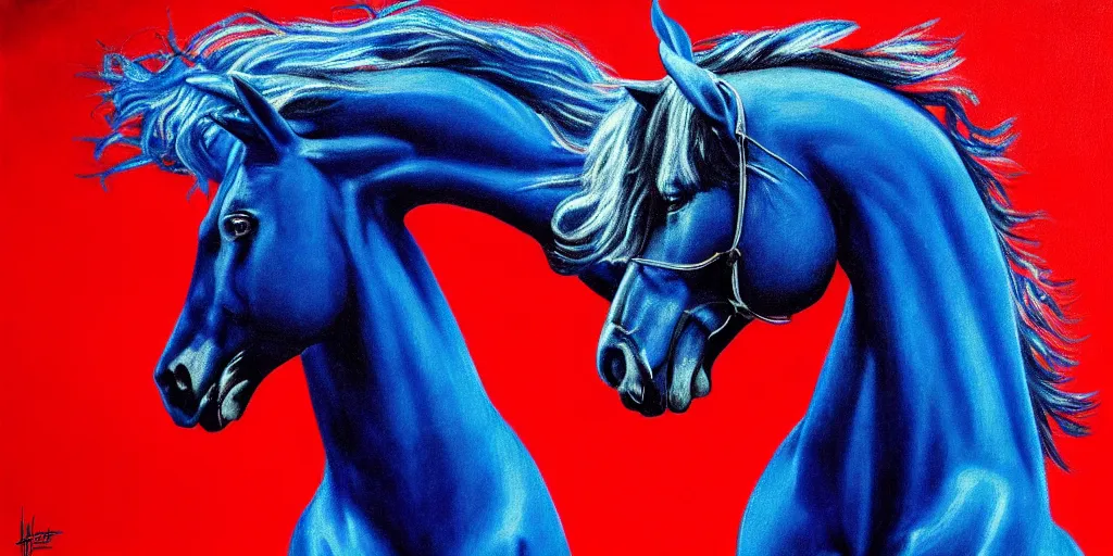 Image similar to blue ney motogrosso in love with a red stallion, too many hands in all directions, too many teeth, too many eyes, in hoc signo vinces, waterfall, in the style of gottfried helnwein, high contrast chiaroscuro, intricate composition, blue light, insanely quality, highly detailed, masterpiece, red light, artstation