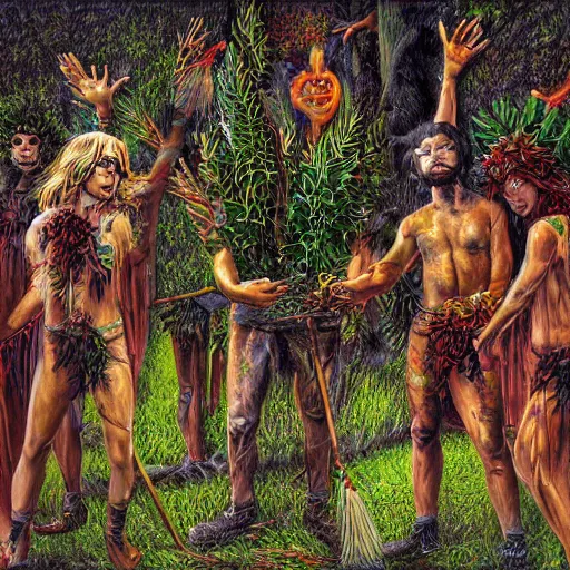 Prompt: pagan ritual on the streets of san francisco in the 1 9 7 0 s, covered in vegetation, highly detailed smooth digital art masterpiece