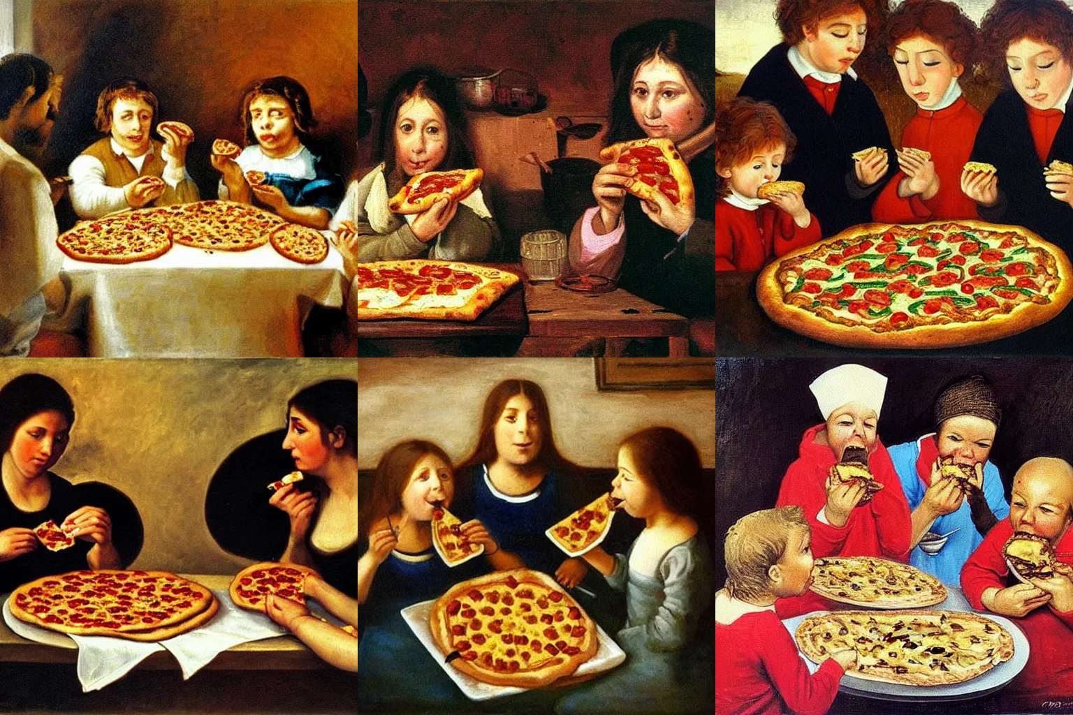 Prompt: the famous painting of the potato eaters but they are eating pizza instead of potatoes