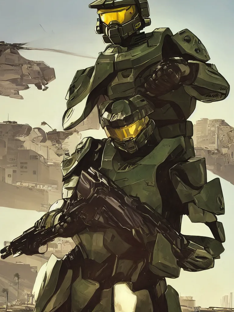 Prompt: Master Chief in GTA V, cover art by Stephen Bliss, artstation, no text