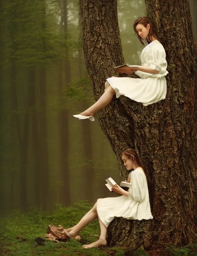 Image similar to Girl in white reading a book sitting on a tree in a foggy forest, Cinematic focus, Polaroid photo, vintage, neutral colors, soft lights, by Steve Hanks, by Serov Valentin, by lisa yuskavage, by Andrei Tarkovsky 8k render, detailed, oil on canvas