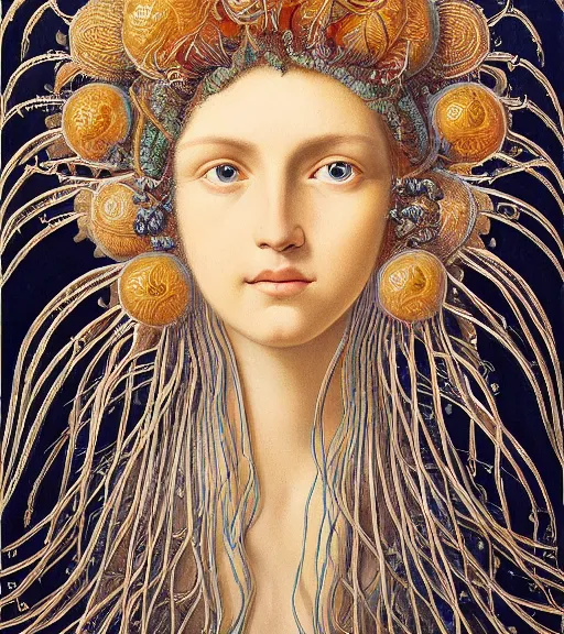 Image similar to portrait of a gorgeous sublime young goddess with intricate decorative jellyfish headdress and beautiful eyes, clear lines, detailed painting by christian rex van minnen and ernst haeckel and james jean