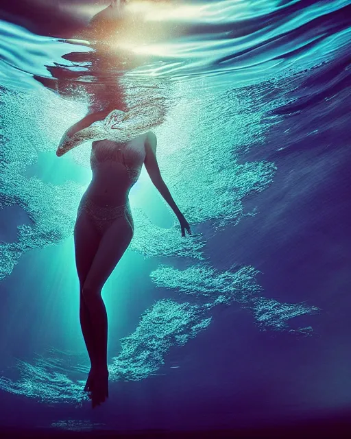 Image similar to photo of beautiful woman underwater during sunrise, flowing fabric, sunrays, elegant, caustics, rippling water, photoshoot, haunting, iconic, masterpiece, sharp focus, art by trending on artstation