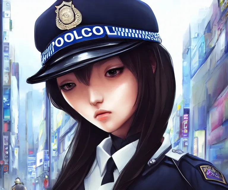 Prompt: police officer in tokyo by artgerm, intricate, face, symmetrical eyes, japanese akihabara street cityscape, elegant, beautiful, highly detailed, dramatic lighting, sharp focus, trending on artstation, artstationhd, artstationhq, unreal engine, 4 k, 8 k